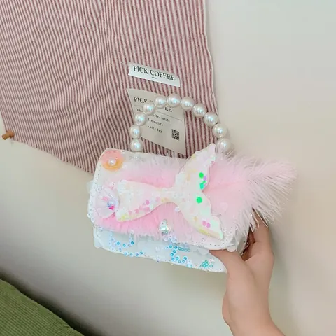 Sweet Princess Kids Shoulder Bag Fashionable Artificial Pearl Handle Mermaid Bow Lace Chain Crossbody Bag For Girls Gift