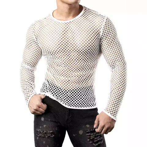 Men's Casual Hollow Out Knit T-Shirt Crew Neck Long Sleeve Mesh Breathable Sun Protection Fashion Top