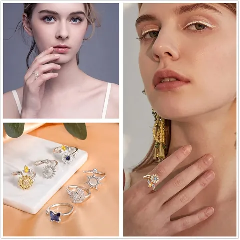 Roterende Anti-Angst Ring voor Vrouwen Koper Zirconia Verstelbare Open Ring Stressverlichting Bloem Zonnebloem Vlinder Ster Maan Sieraden Cadeau