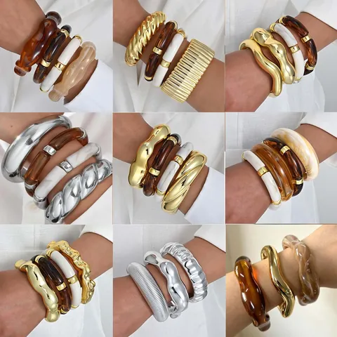 Irregular Wave Bangle Set For Women Resin Tortoise Shell Marble Pattern Gold Plated Open Cuff Bracelets Fashion Jewelry Gift