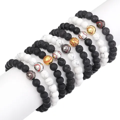 Natural Lava Stone Frosted Black Agate White Turquoise Beaded Bracelet With Copper Baseball Charm Sports Jewelry For Men Women