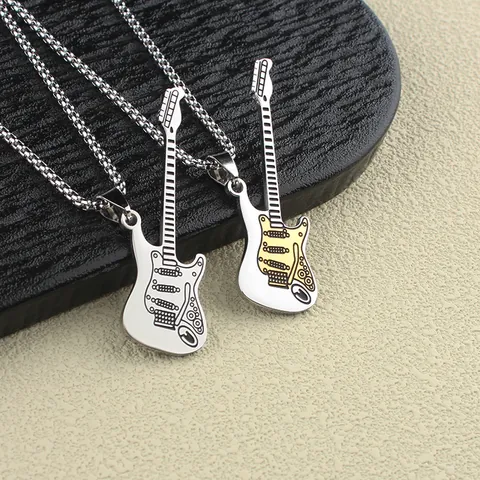 Men Stainless Steel Electric Guitar Pendant Necklace Hip Hop Rock Two Tone Gold Silver Musical Instrument Jewelry Gift