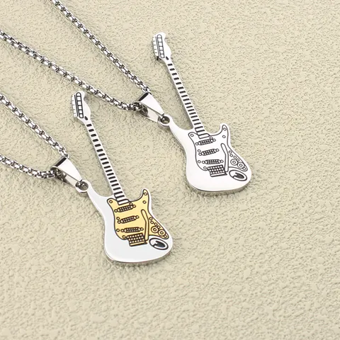 Men Stainless Steel Electric Guitar Pendant Necklace Hip Hop Rock Two Tone Gold Silver Musical Instrument Jewelry Gift