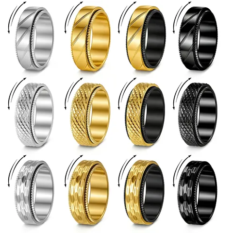 Bague Spinner en Acier Inoxydable 304 pour Hommes Femmes Punk Industriel Motif de Grille Martelé Rayures Diagonales Bague Rotative Anti-stress Bijoux