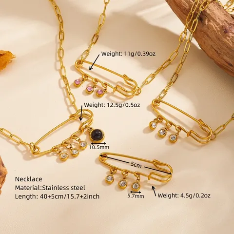 Stainless Steel Gold Safety Pin Pendant Necklace For Women Personalized PVD Electroplated Rhinestone Paperclip Chain Necklace Jewelry