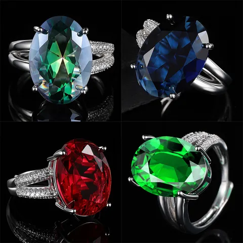 Luxury Copper Zirconia Cross Open Ring For Women Large Oval Cut Colorful Red Blue Green Gemstone Ring Exaggerated Jewelry