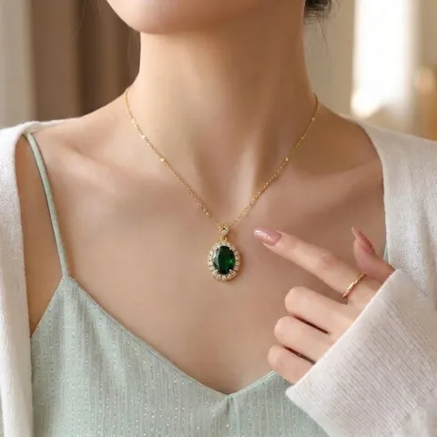 Luxury Oval Zirconia Pendant Necklace For Women Stainless Steel Chain Green Pink Blue Gemstone Elegant Jewelry Gift
