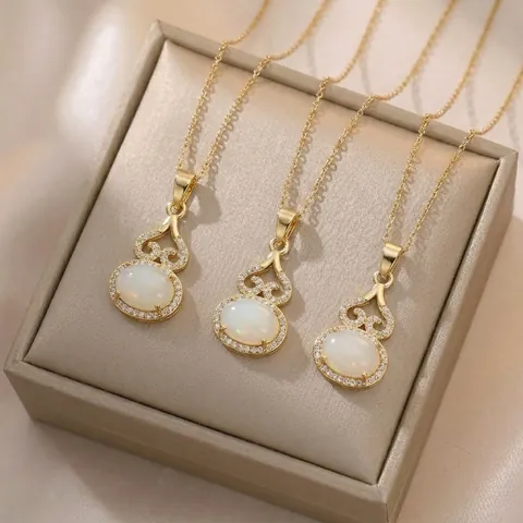 Vintage Gold Plated Stainless Steel Gourd Pendant Necklace With White Imitation Jade Zirconia Women Elegant Jewelry Gift