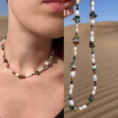 18K Verguld Roestvrij Staal Onregelmatige Gebroken Steen Zoetwaterparel Kralenketting Vrouwen Elegante Choker Sieraden