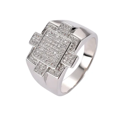 Anello in Rame Geometrico Hip Hop da Uomo Zirconia Micro-intarsiata Bling Ice Out Gioielli di Lusso Regalo Festa