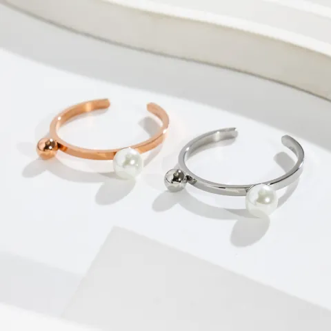 Minimalist Stainless Steel Open Ring For Women Adjustable Artificial Pearl Metal Ball Jewelry Gold Silver Plated Fashion Ring