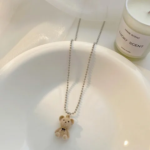 Cute Plush Teddy Bear Pendant Necklace Long Alloy Ball Chain Sweater Chain For Women Jewelry Gift Brown Khaki