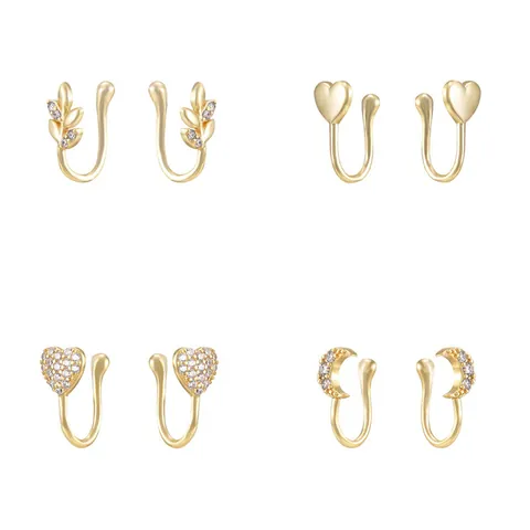 Brass Zirconia U-Shaped Non-Piercing Ear Cuff Nose Ring Heart Leaf Moon Star Clip-on Earrings For Women Daily Jewelry