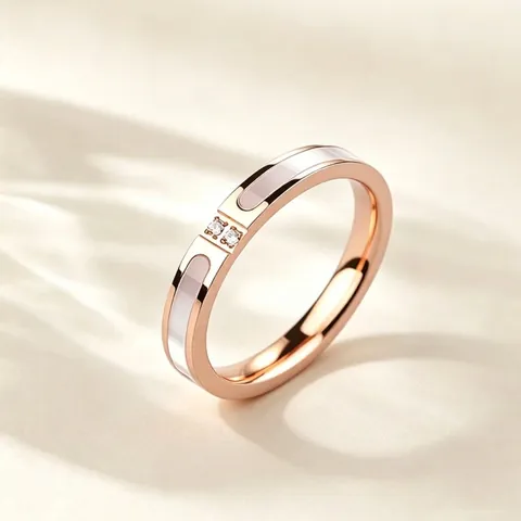 Anillo de Acero de Titanio Chapado en Oro Rosa de Moda Mujeres Zirconia Micro Incrustada Madre Perla Artificial Blanca Doble Diamante Anillo Geométrico