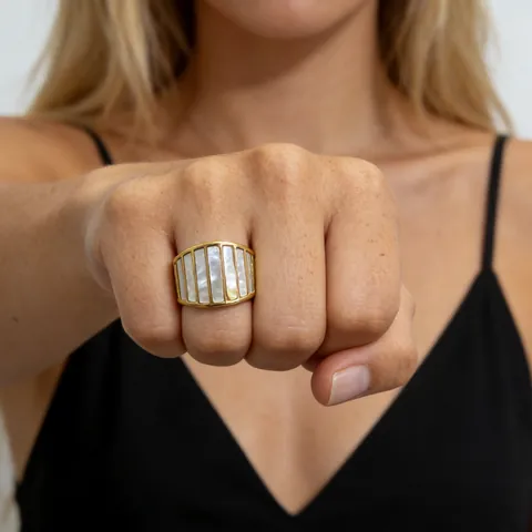 Frans Minimalistisch Verguld Roestvrij Stalen Brede Ring Voor Dames Met Geometrische Witte Schelp Parelmoer Inleg Sieraden