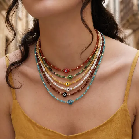 Handmade Bohemian Beaded Necklace With Semi Precious Stone Lampwork Evil Eye Pendant For Women Summer Beach Jewelry