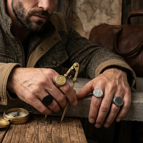 Men's Vintage Compass Signet Ring Stainless Steel Titanium Steel Retro Punk Round Star Pattern Fashion Finger Ring Jewelry