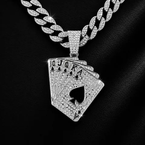 Hip Hop Iced Out Royal Flush Poker Pendant Necklace Alloy Rhinestone Pave Cuban Link Chain For Men Women Streetwear Jewelry