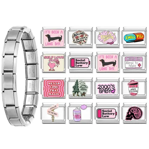 Italienisches Charm-Armband Modulares Glied Edelstahl Emaille DIY Slogan Glied Cartoon Herz Puzzle Schmuck Für Damen Herren