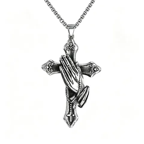 Retro Stainless Steel Praying Hands Cross Pendant Necklace For Men Women Gothic Punk Rhinestone Hexagram Skull Grim Reaper Jewelry Gift
