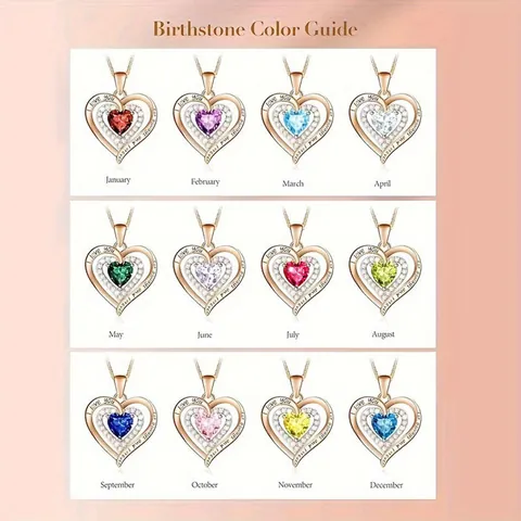 Alloy Heart Pendant Necklace With 12 Month Birthstone And Rhinestone I Love You Engraved Double Heart Jewelry Gift For Women Romantic