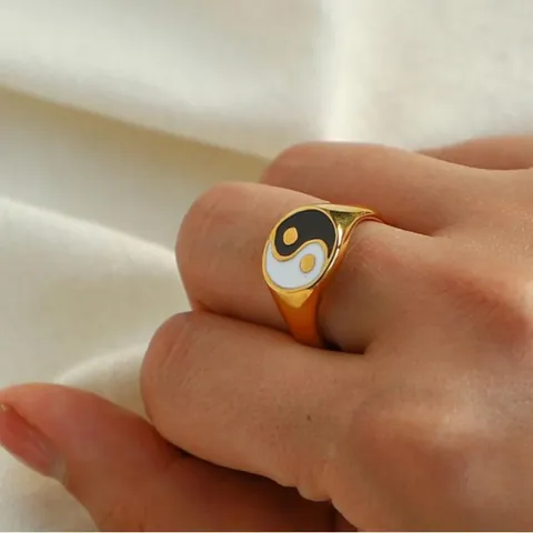 Waterdichte Roestvrij Stalen Yin Yang Ring Voor Dames Heren 18K Vergulde Emaille Tai Chi Zegelring Vingersieraden Cadeau