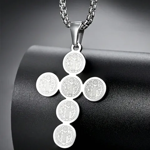 Stainless Steel St Benedict Medal Cross Pendant Necklace For Men Women Hip Hop Religious Jewelry Round Box Chain Gift