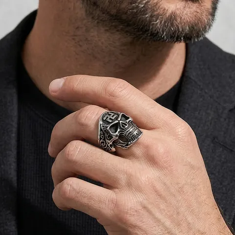Gothic Vintage Skull Ring Titanium Steel Distressed Punk Skeleton Cross Finger Ring For Men Women Halloween Jewelry