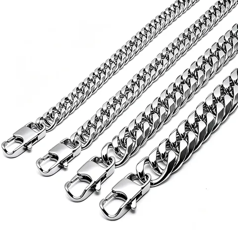 Stainless Steel Cuban Link Chain Necklace For Men Women Hip Hop Heavy Chunky Jewelry Square Buckle Polished Silver Chain