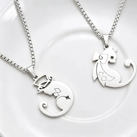 Stainless Steel Cartoon Magician Cat Silhouette Pendant Necklace And Keychain Set Hollow Out Star Charm Anime Jewelry Gift For Unisex
