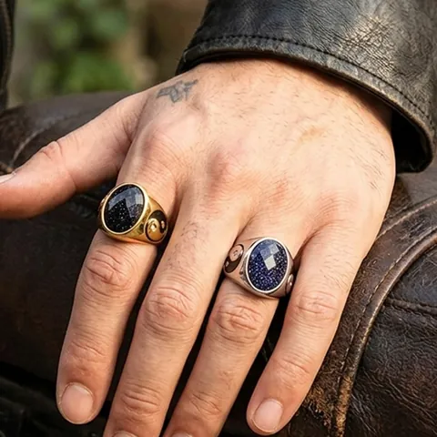 Vintage Stainless Steel Blue Sandstone Tai Chi Ring For Men Gold Silver Plated Yin Yang Inlaid Rhinestone Ethnic Ring