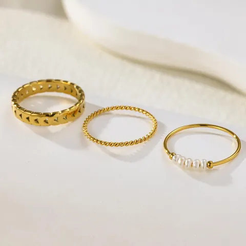 French Style Stainless Steel Gold Plated Stacking Rings For Women Artificial Baroque Pearl Heart Twisted Finger Jewelry Gift