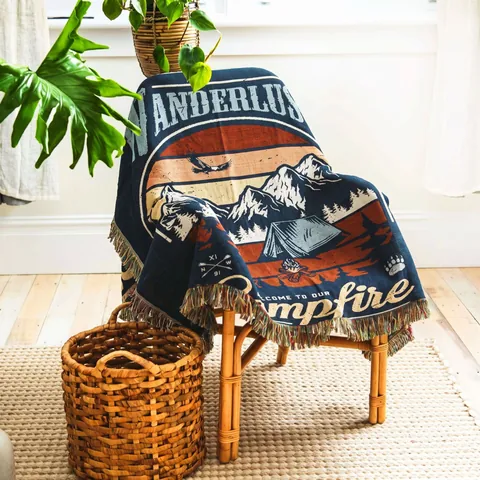 Bohemian Retro Camping Blanket Woven Throw With Tassels For Outdoor Picnic Sofa Bed Decor Wanderlust Design Polyester Cotton Blend