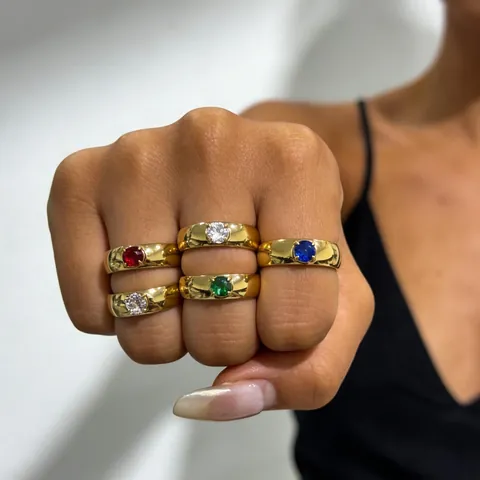 Luxury Gold Plated Stainless Steel Ring With Round Colorful Zirconia Stone Minimalism Wide Band Fashion Jewelry For Women