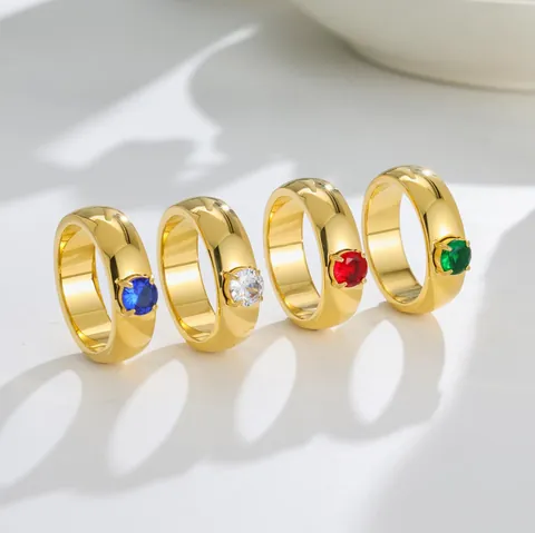 Luxury Gold Plated Stainless Steel Ring With Round Colorful Zirconia Stone Minimalism Wide Band Fashion Jewelry For Women