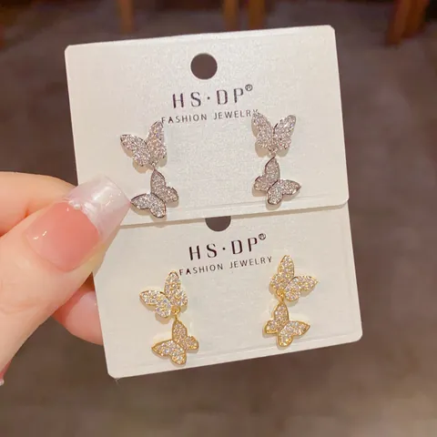 Luxury Copper Double Butterfly Dangle Earrings For Women With 925 Sterling Silver Earring Post Gold Silver Plated Rhinestone Jewelry