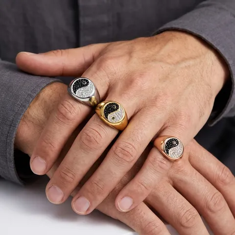 Vintage Punk Titanium Steel Ring For Men Women Yin Yang Tai Chi Black White Rhinestone Inlaid Polished Signet Finger Ring Jewelry