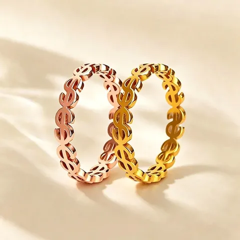 Women's Fashion Hollow Out Dollar Sign Ring Titanium Steel 18K Gold Plated Niche Design Personalized Coin Symbol Finger Ring Jewelry