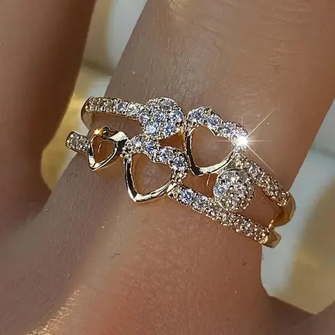 Light Luxury Double Layer Heart Ring For Women Copper Zirconia Inlaid Gold Silver Fashion Finger Jewelry Gift