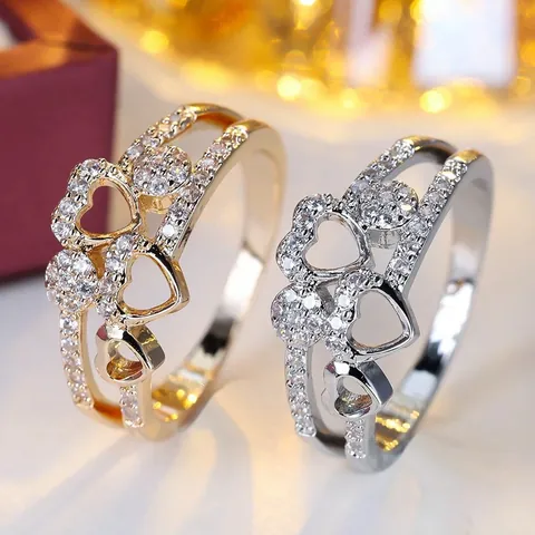 Light Luxury Double Layer Heart Ring For Women Copper Zirconia Inlaid Gold Silver Fashion Finger Jewelry Gift