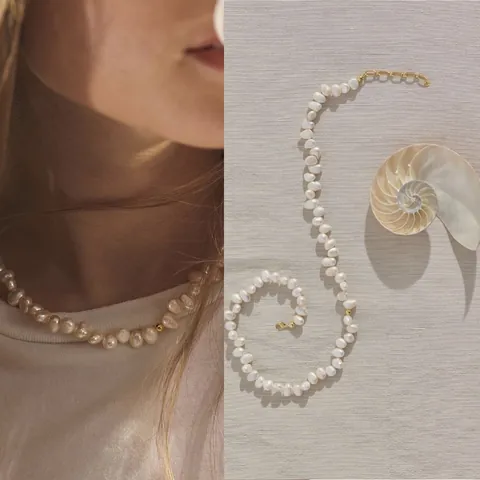 Natural Freshwater Pearl Necklace And Drop Earrings Set For Women 18K Gold Plated Titanium Steel French Vintage Jewelry