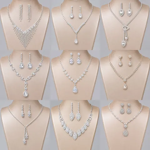 Luxuriöse Legierung Strass Halskette Und Ohrringe Schmuck Set Vintage Hochzeit Braut Quaste Wassertropfen Anhänger Schmuck