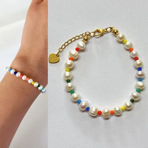 Bracelet en Perles d'Eau Douce Naturelles Fait Main Avec Perles de Rocaille Colorées Acier Titane Plaqué Or Réglable Bracelet Baroque Bijoux Femme