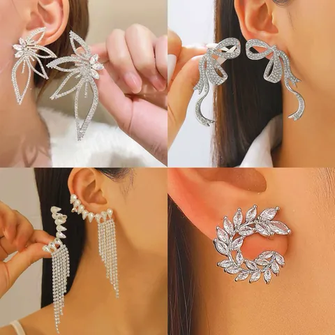 Exaggerated Alloy Rhinestone Flower Leaf Bow Tassel Earrings For Women Wedding Banquet Party Statement Jewelry Earring