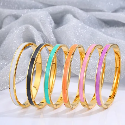 Bracelet Jonc en Acier Titane et Émail pour Femme Mode Européenne Plaqué Or 18K Luxe Minimaliste Coloré Bijoux Cadeau