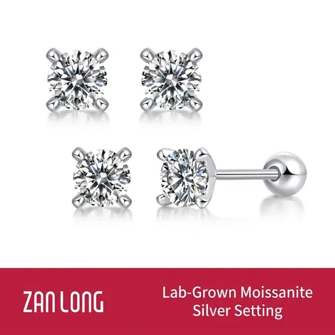 Pendientes de Botón de Plata de Ley 925 Moissanita Diamante de Laboratorio Unisex Bañado en Oro Blanco 18K Joyería Minimalista