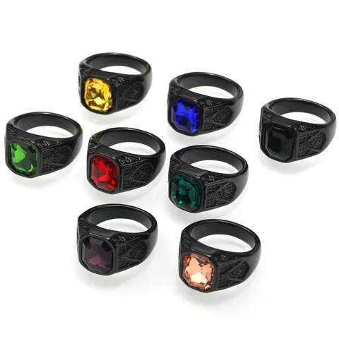 Vintage Freemasonry Men Titanium Steel Ring With Square Rhinestone Retro Punk Signet Ring Fashion Geometry Finger Jewelry