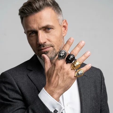 Men's Punk Rock Lion Head Ring Stainless Steel Titanium Steel Biker Animal Finger Ring Gold Black Silver Jewelry