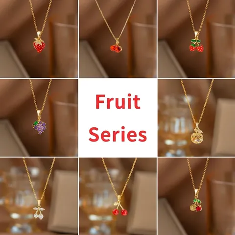 Titanium Steel Necklace With Copper Fruit Pendant Zirconia Enamel Strawberry Cherry Grape Clavicle Chain Jewelry For Women