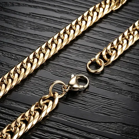 Stainless Steel Men's Cuban Link Chain Necklace Bracelet Hip Hop Punk Flat Curb Link Chain Silver Tone Jewelry Gift